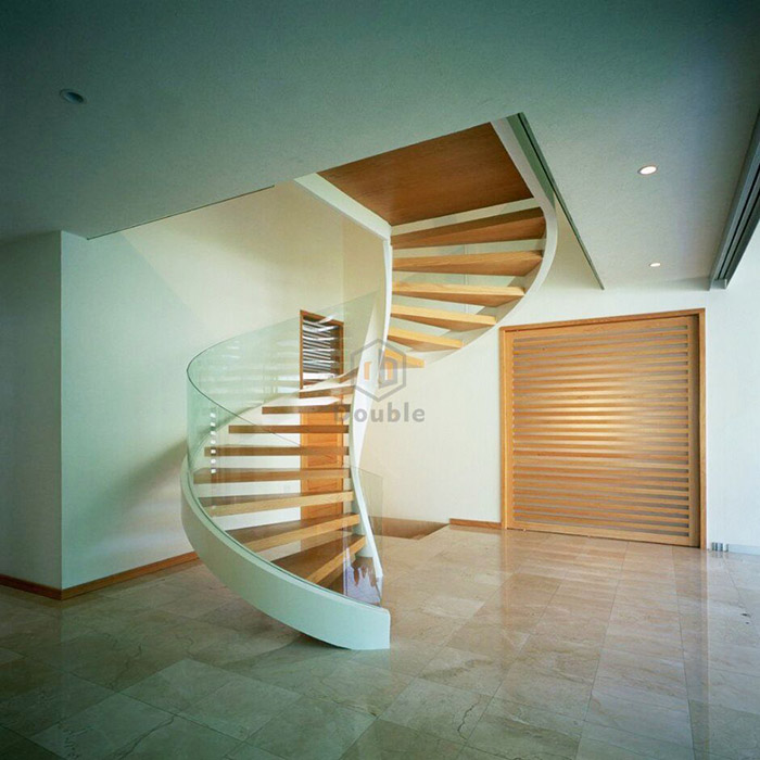 Simple Style Indoor Bilateral Board Solid Wooden Tread Curved Stairs With Glass Railing