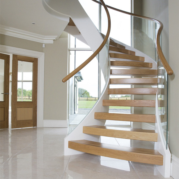 Indoor Bilateral Board Beam Wooden Tread Curved Stairs Use Wood Handrail Glass Railing