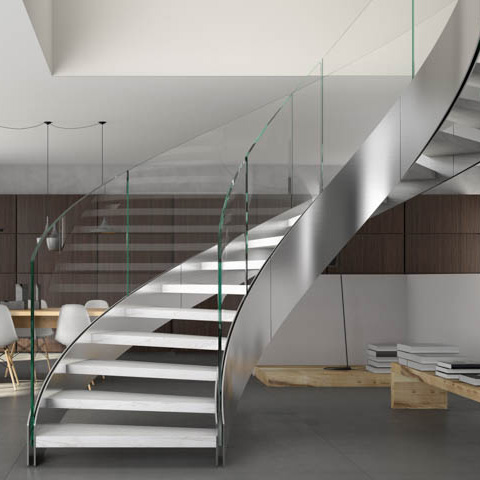 Simple Style Indoor Customized White Tread Curved Stairs With U Channel Glass Railing