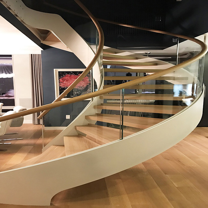 Modern Residence Indoor Curved Stairs Design Bilateral Board Beam Wooden Tread
