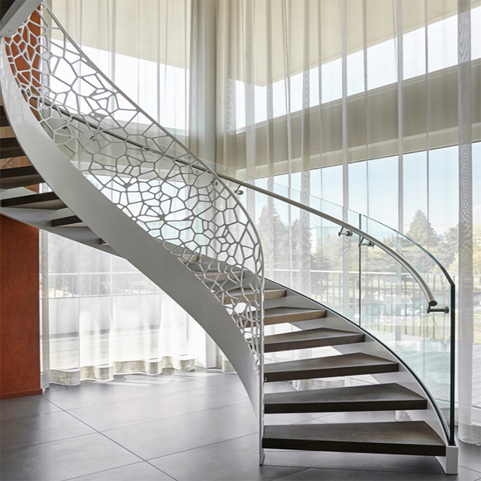 Villa Indoor Wood Steps Curved Stairs Design Wrought Iron Railing And Glass Railing