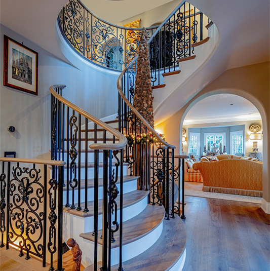 European Style Villa Classical Curved Stairs Design Wrought Iron Railing
