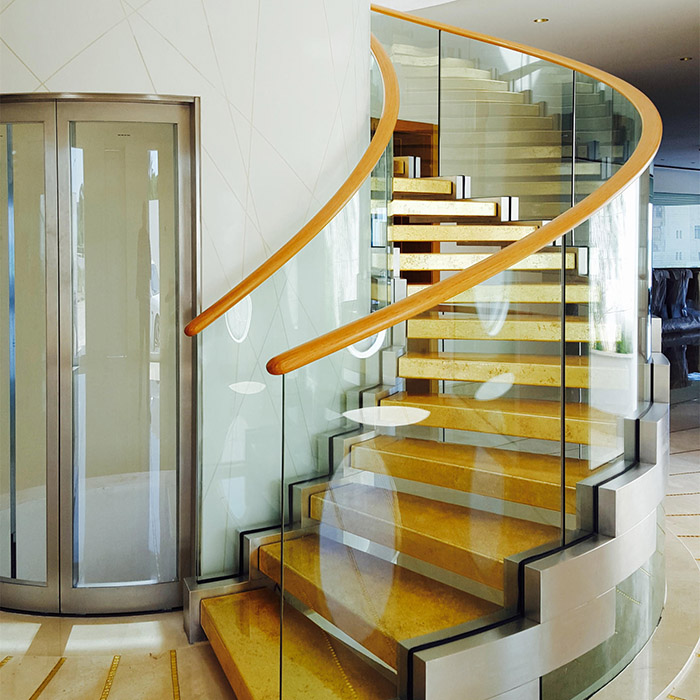 Modern Office Building Curved Stairs Design Solid Wood Steps Glass Railing