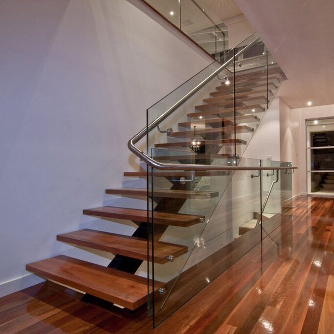 Modern Indoor Staircase Design Mono Beam Wood Steps Straight Stairs With Glass Railing