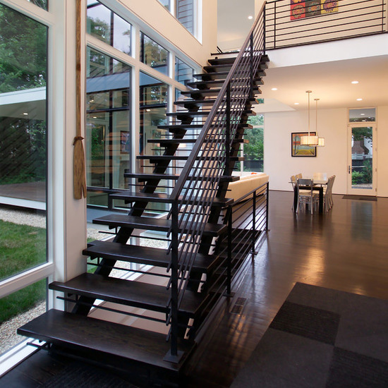 Modern Indoor Staircase Design Double Beam Steel Structure Straight Stairs With Steel Rod Railing