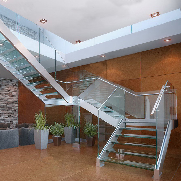 Modern Indoor Staircase Design Tempered Glass Tread Straight Stairs With U Channel Glass Railing