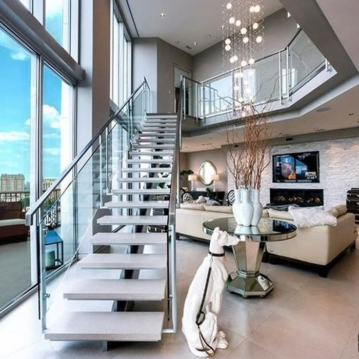 Villa Modern Indoor I-shaped Mono Beam White Artificial Stone Steps Straight Stairs