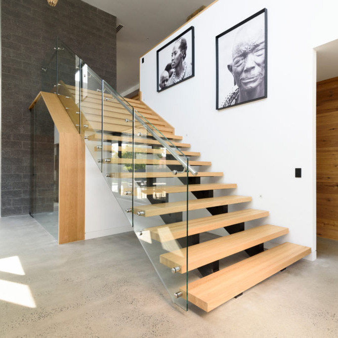 Indoor I-shaped Double Beam Solid Wooden Steps Straight Stairs With Glass Railing