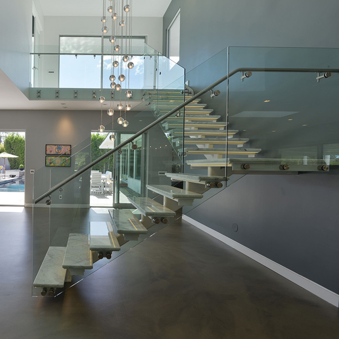 Villa Modern Indoor L-shaped Mono Beam Wooden Steps Straight Stairs Use Standoff Glass Railing