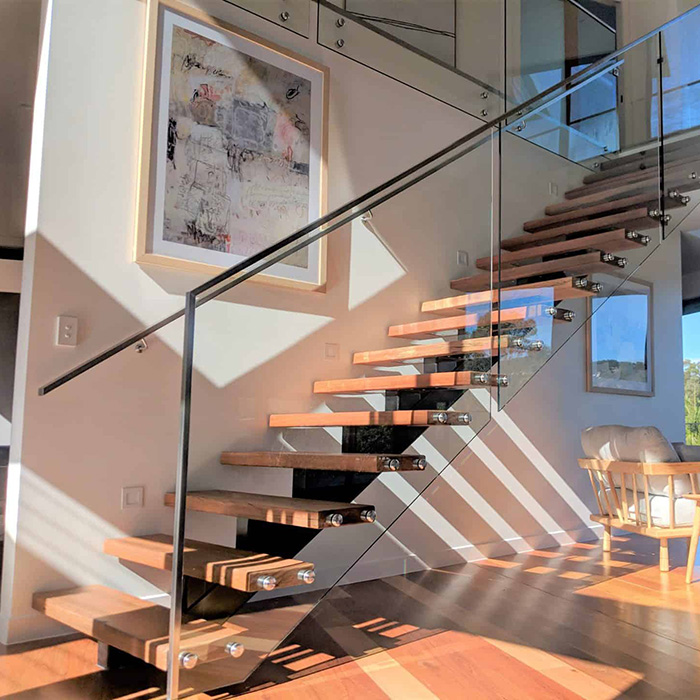 Floating Staircase Modern Carbon Steel Mono Beam Beech Oak Wood Tread Stairs