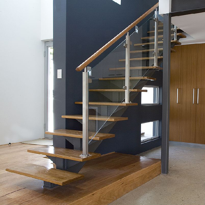 Indoor Stairs Square Tube Baluster Glass Railing With Solid Wood Handrail
