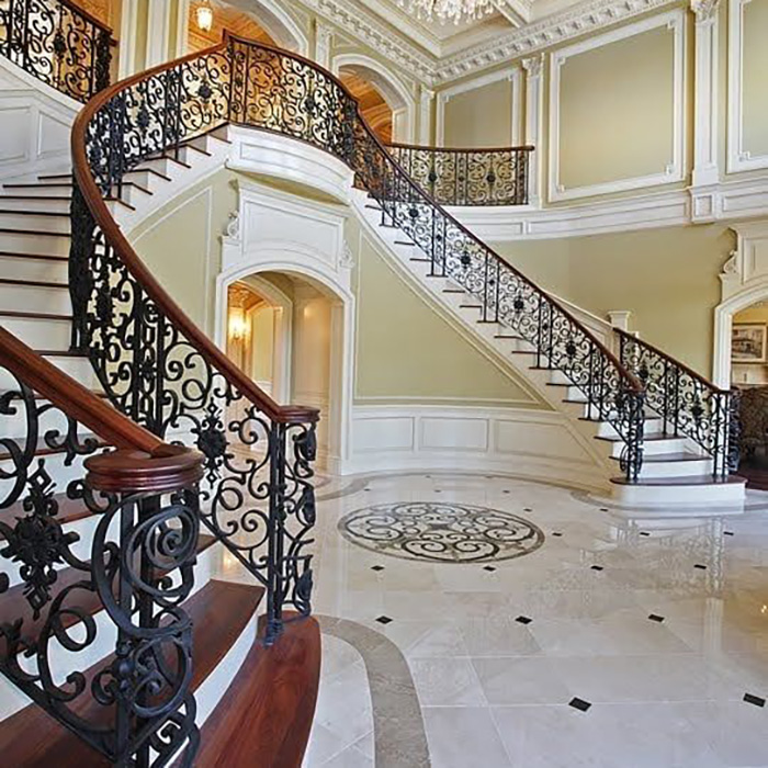 Villa Indoor Curved Stair Classic Design Wrought Iron Railing Custom Wooden Handrail