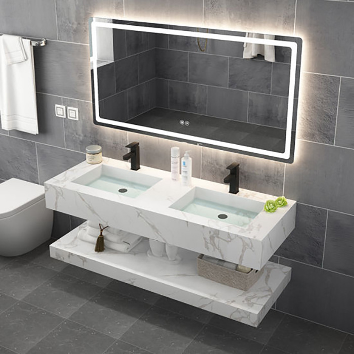 Residential Simple Luminous Vanity With Single Mirror And Double Sink