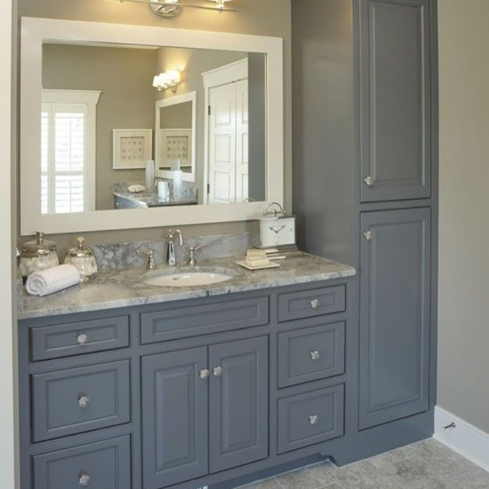 Bathroom Vanity Cabinet Use Marble Countertop With Single Mirror And Single Sink