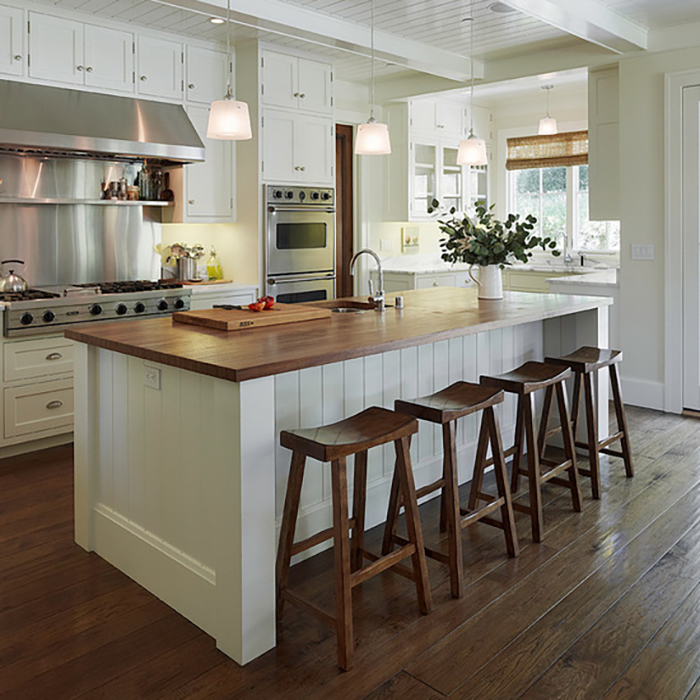 Custom Residential White Kitchen Cabinet Use Wooden Countertop Islands